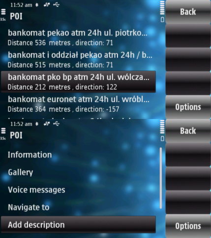 Screenshots from the application captured by Nokia C6-00.